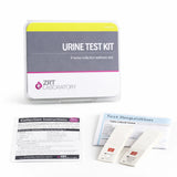 ZRT Laboratory urine test kit with collection instructions and liquid sample container on a white background